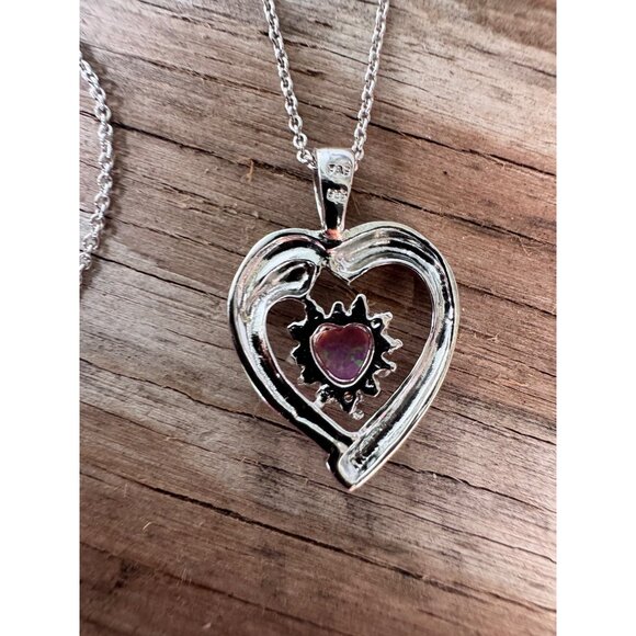 Heart-Shaped Sterling Silver Pendant Necklace With Opal Stone & Cubic Zirconia - Picture 2 of 6